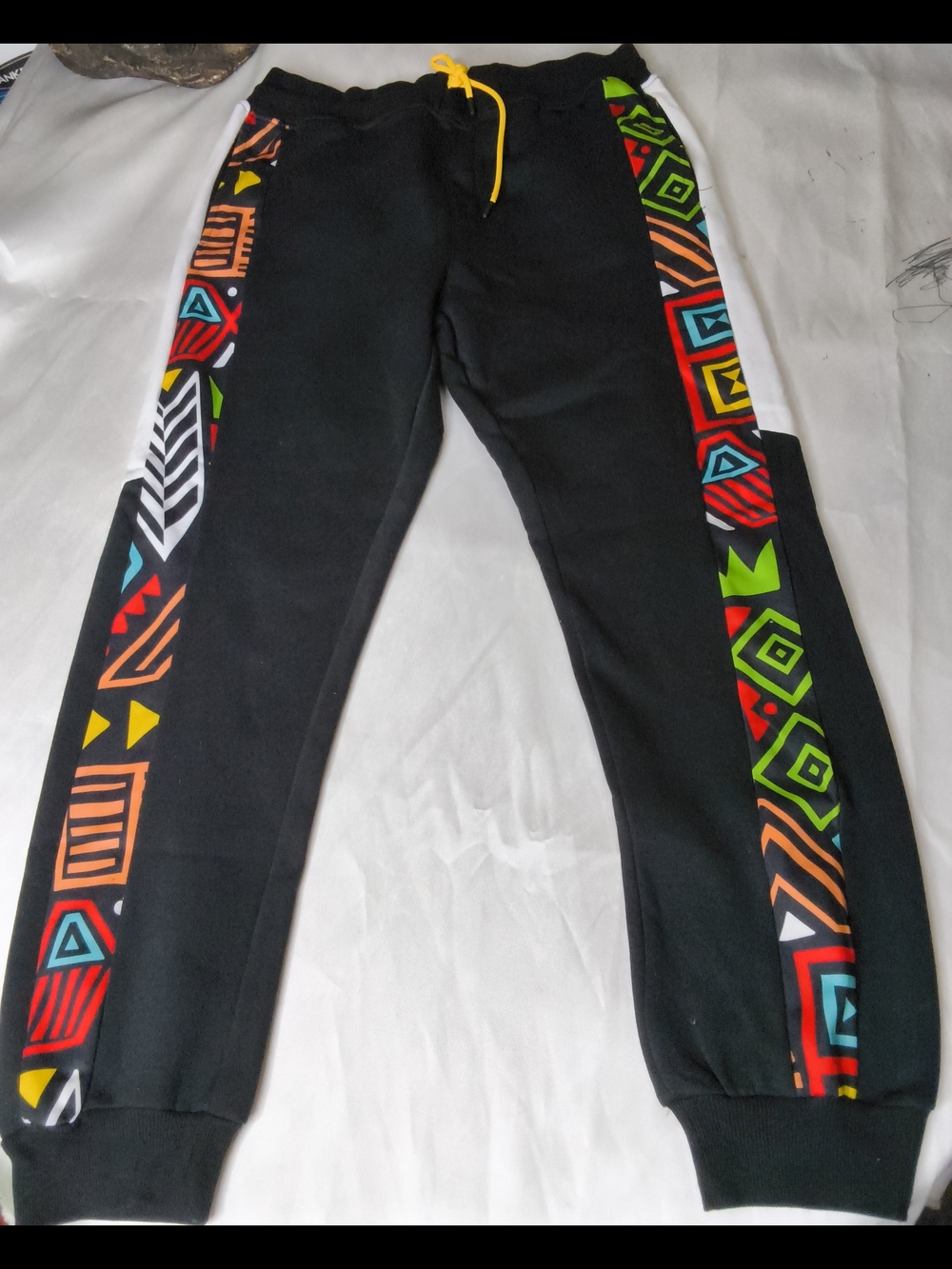 Black Men's Joggers with Multicolor Geometric Side Stripes